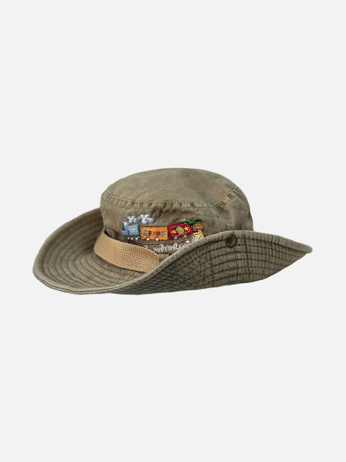 AlanBalen - Train Embroidery Washed Distressed Casual Cargo Hat Khaki