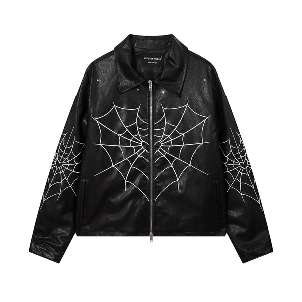 AlanBalen® - High Street Retro Spider Web Embroidery Leather Jacket