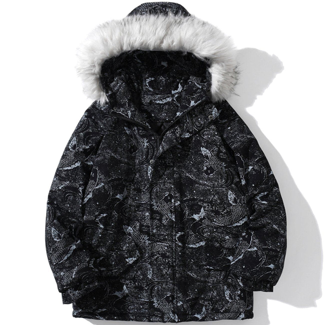 AlanBalen® Carp Pattern Fur Collar Hooded Winter Coat AlanBalen