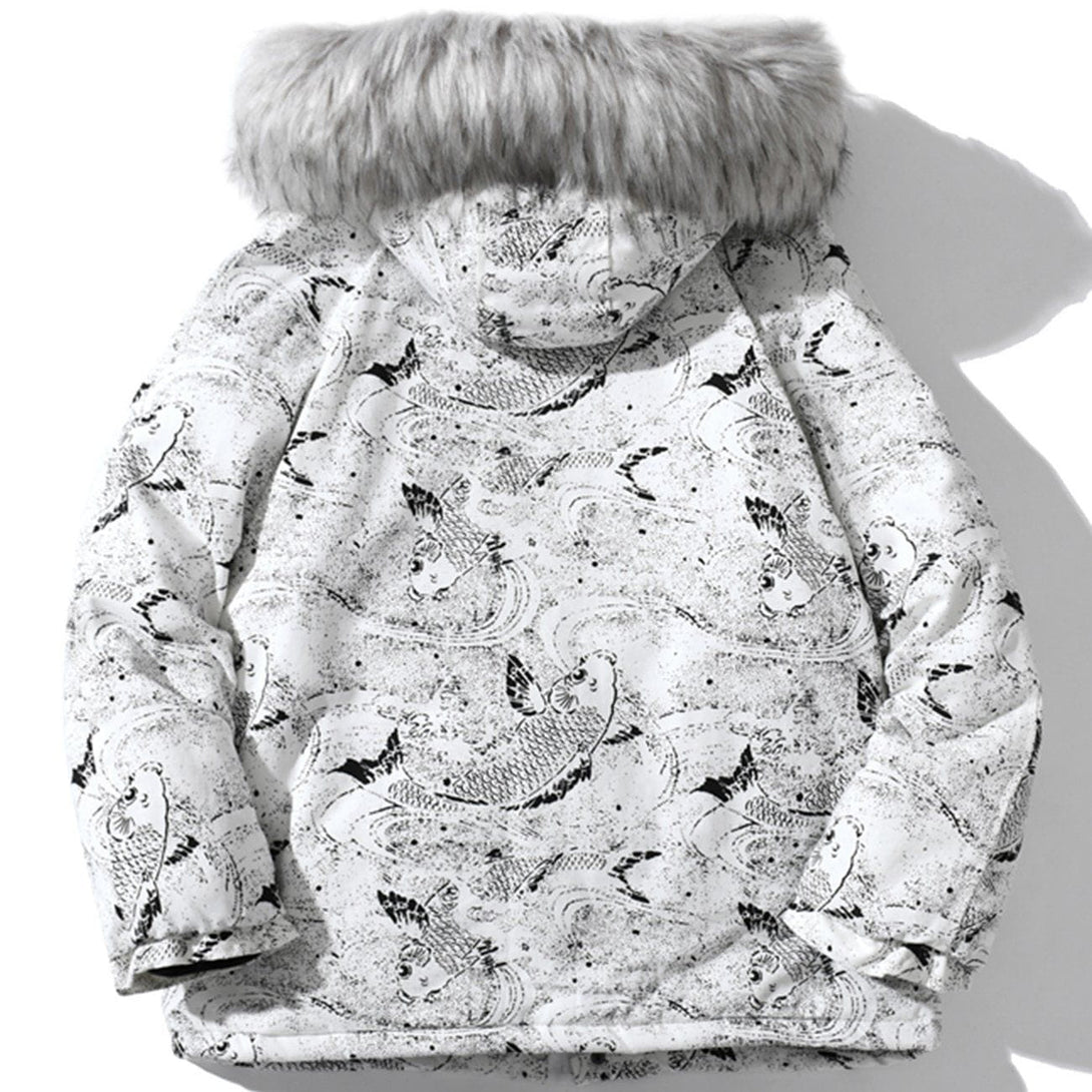 AlanBalen® Carp Pattern Fur Collar Hooded Winter Coat AlanBalen