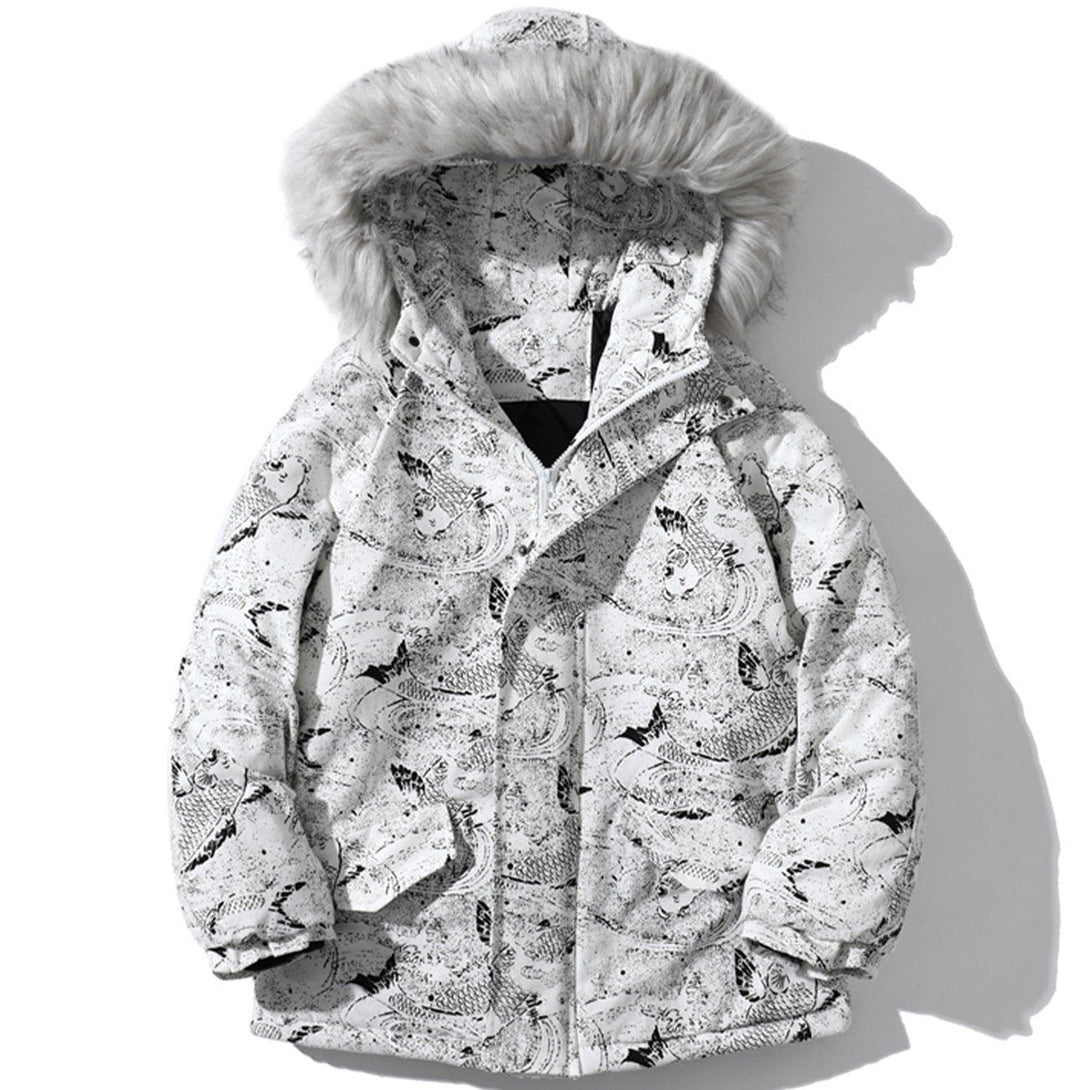 AlanBalen® Carp Pattern Fur Collar Hooded Winter Coat AlanBalen
