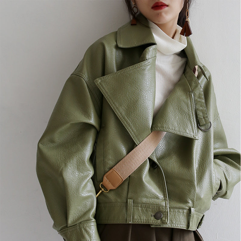 AlanBalen® Spring Autumn Green Leather Jacket AlanBalen