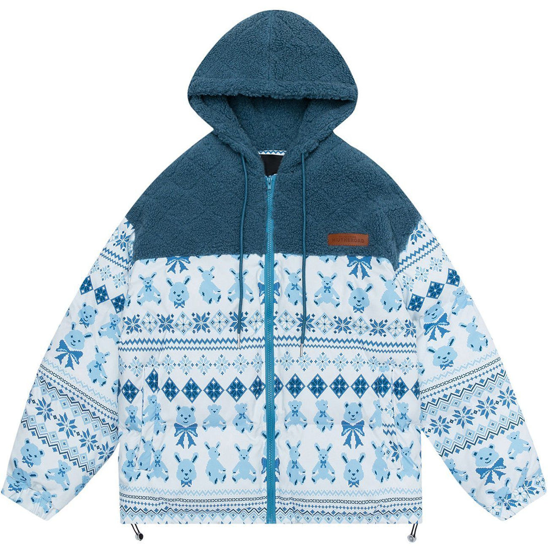 AlanBalen® - Bear Print Patchwork Hood Sherpa Winter Coat AlanBalen