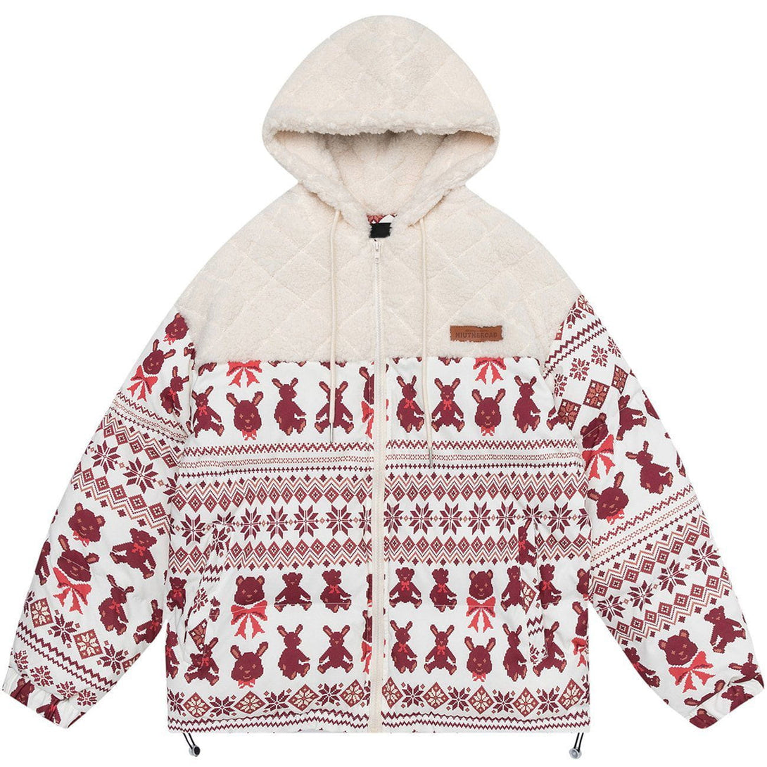 AlanBalen® - Bear Print Patchwork Hood Sherpa Winter Coat AlanBalen
