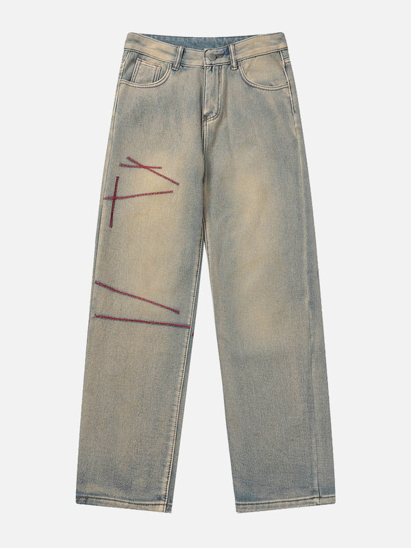 AlanBalen® - Contrast Embroidered Thread Washed Jeans AlanBalen