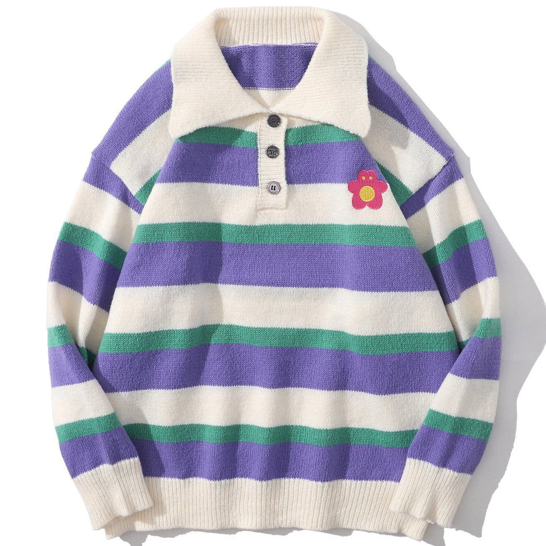 AlanBalen® - Contrast Striped Cartoon Embroidered Knited Sweater AlanBalen