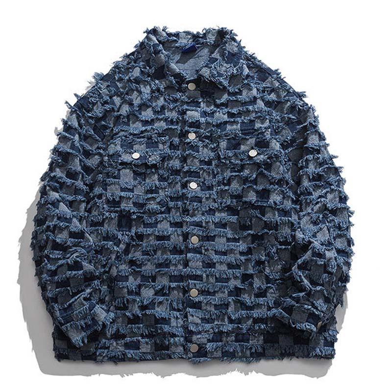 AlanBalen® - Denim Shearing Chessboard Tassel Craft Lapel Jacket AlanBalen