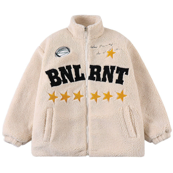 AlanBalen® - Five-pointed Star Letter Patch Embroidered Sherpa Winter Coat AlanBalen