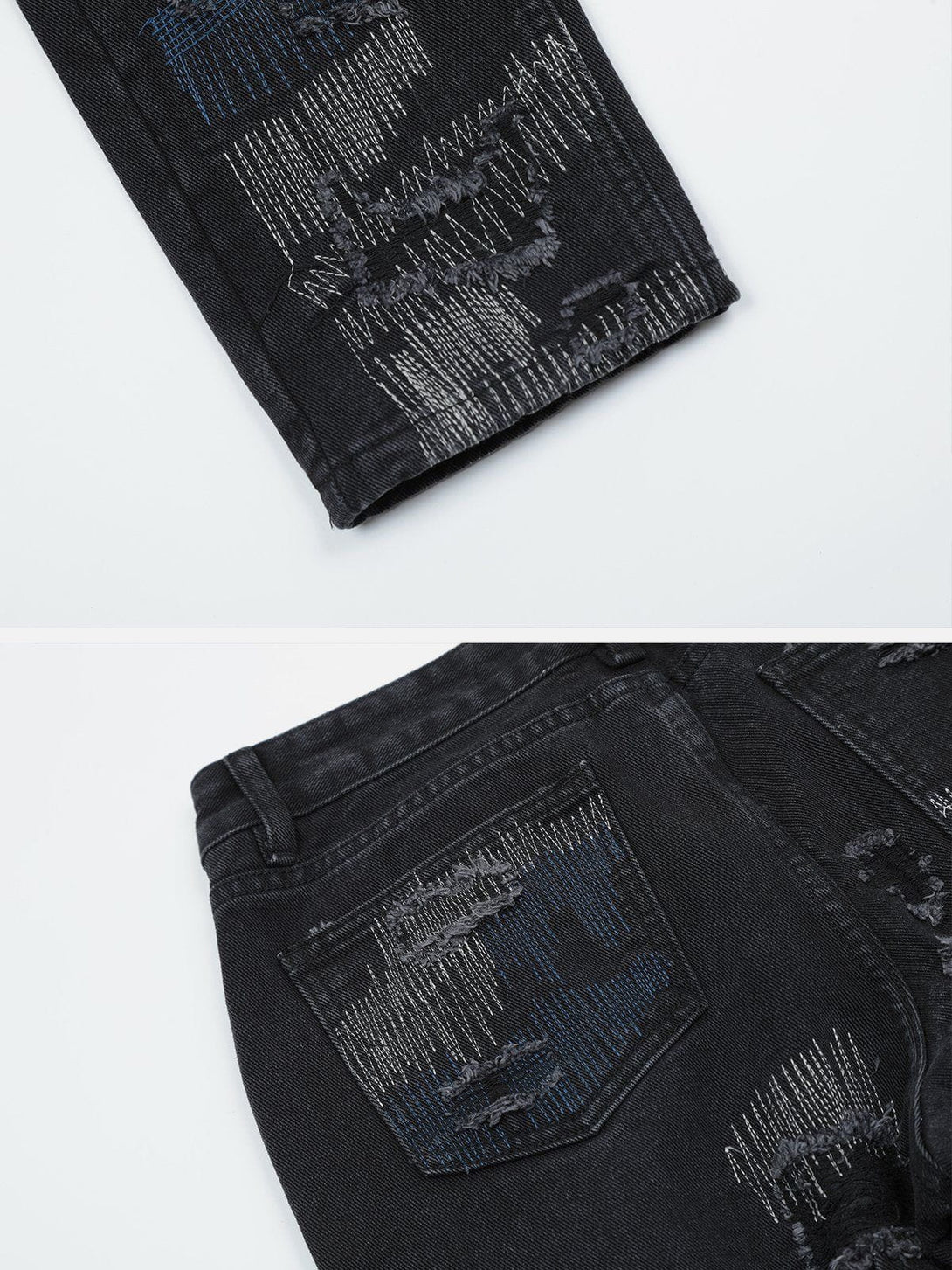 AlanBalen® - Irregular Ripped Patch Stitch Embroidery Jeans AlanBalen