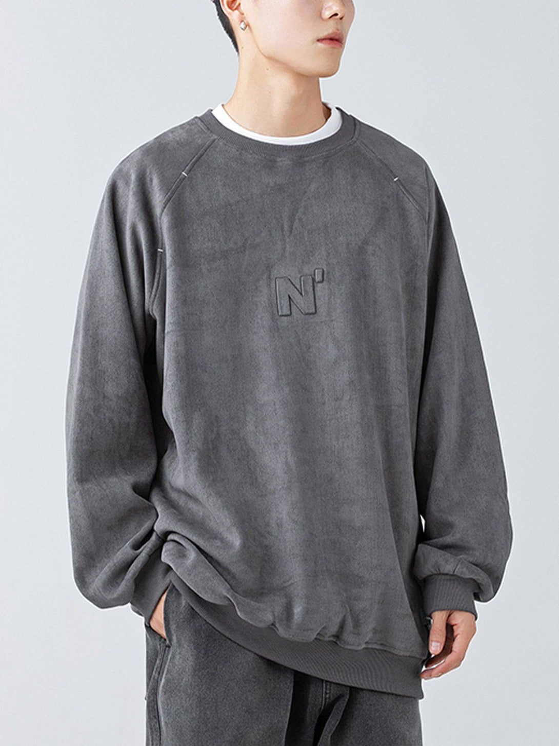 AlanBalen® - Letter Embossed Suede Sweatshirt AlanBalen