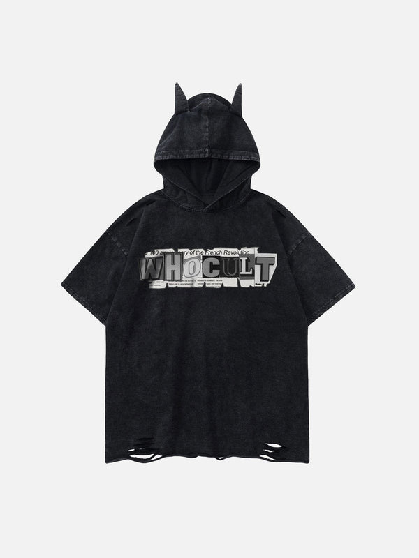 AlanBalen® - Letter Print Ripped Hooded Tee AlanBalen