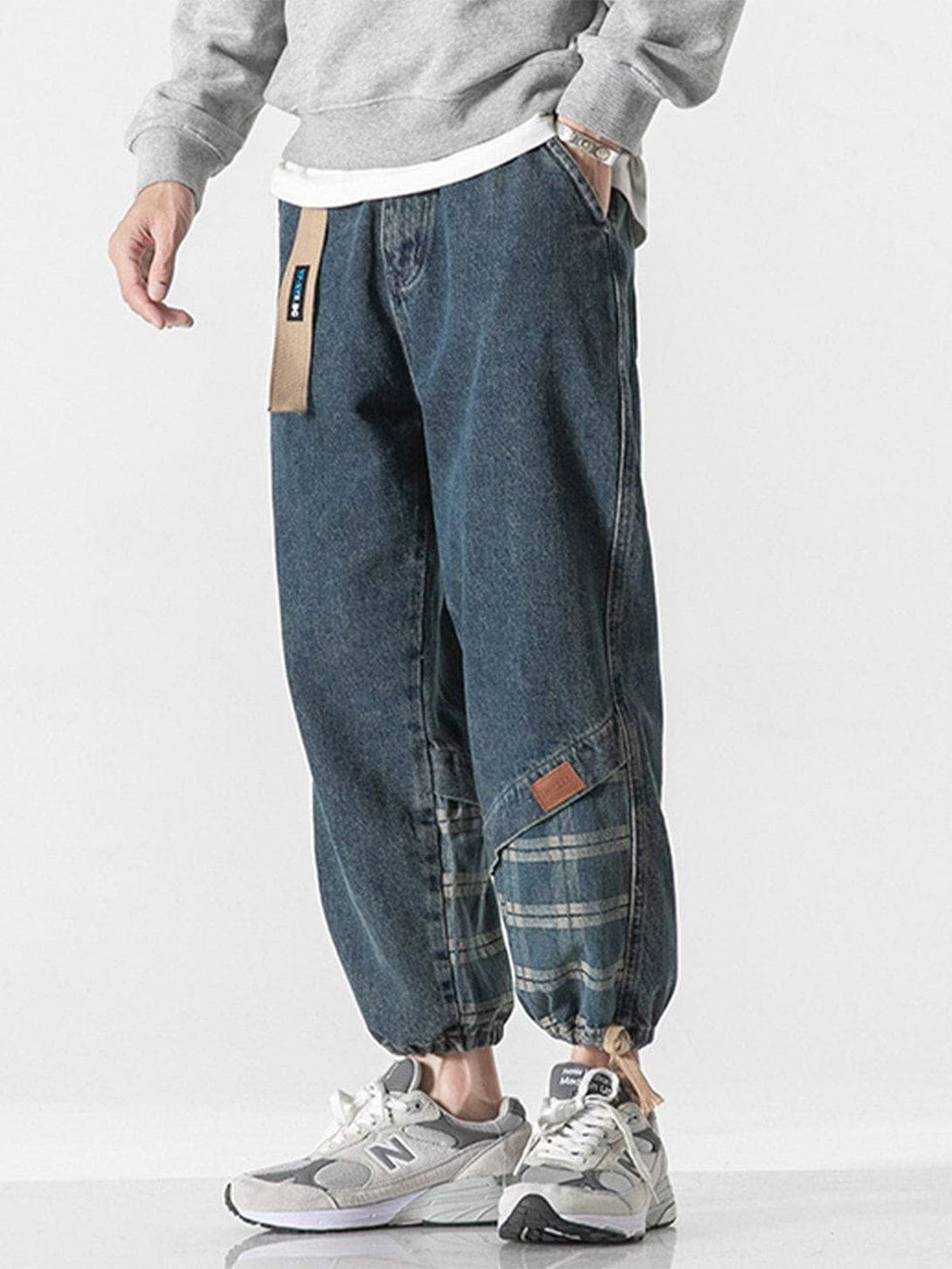 AlanBalen® - Panelled Plaid Belt Embellished Jeans AlanBalen