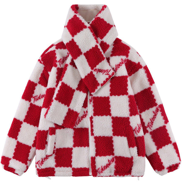 AlanBalen® - Plaid Scarf Collar Sherpa Winter Coat AlanBalen