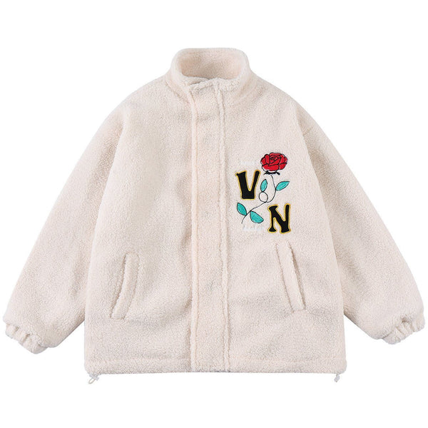 AlanBalen® - Rose Embroidered Sherpa Winter Coat AlanBalen