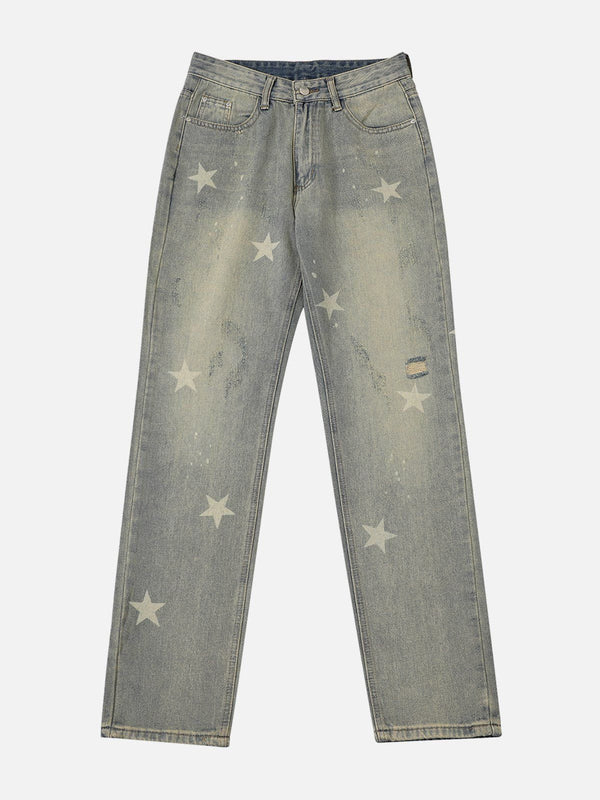 AlanBalen® - Vintage Wash Distressed Star Print Jeans AlanBalen