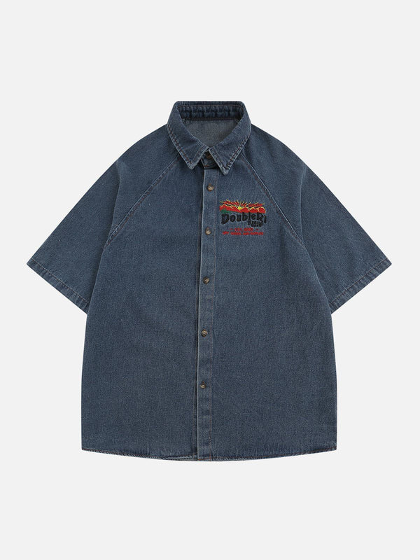 AlanBalen® - Embroidered Letter Denim Short Sleeve Shirts AlanBalen