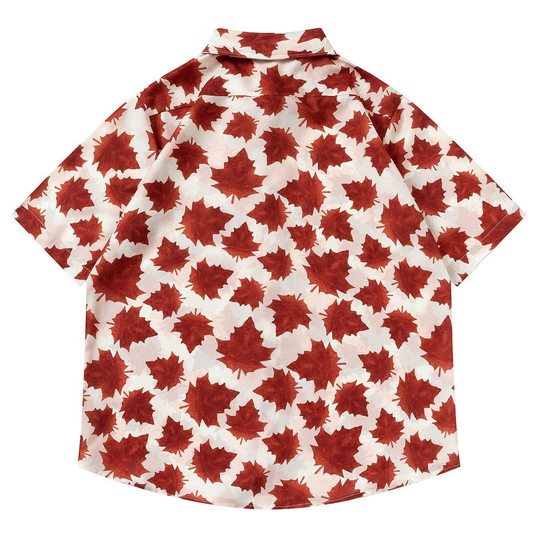 AlanBalen® - Full Maple Leaf Print Short Sleeve Shirt AlanBalen