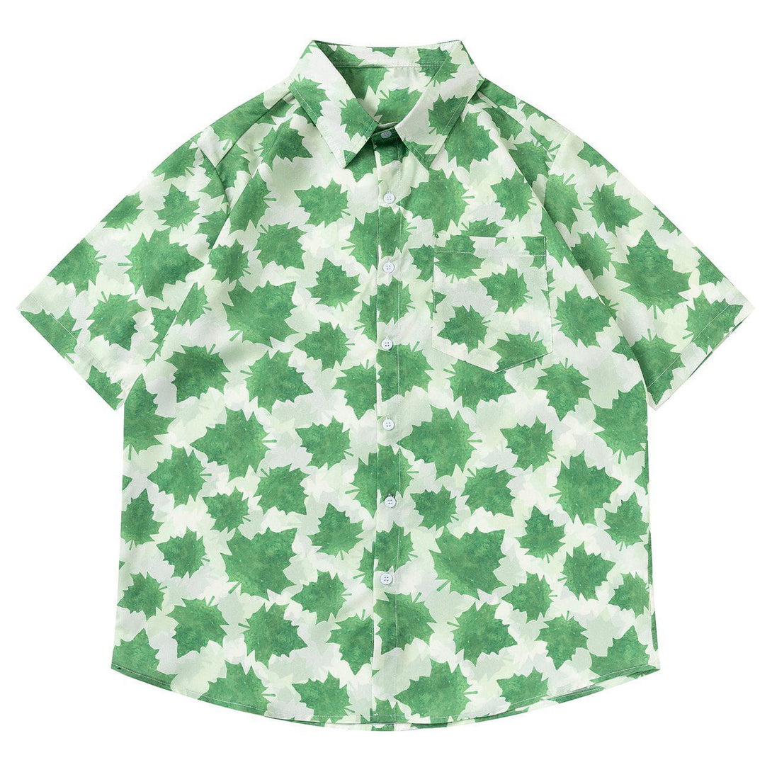 AlanBalen® - Full Maple Leaf Print Short Sleeve Shirt AlanBalen