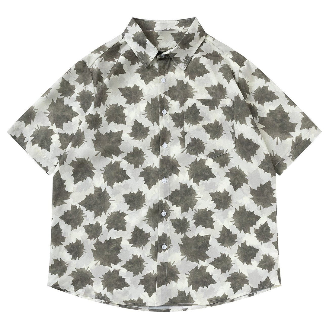 AlanBalen® - Full Maple Leaf Print Short Sleeve Shirt AlanBalen