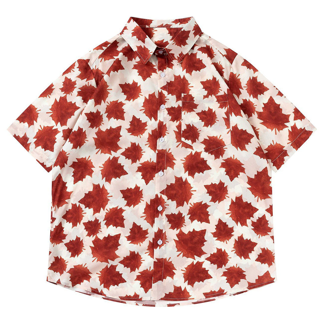 AlanBalen® - Full Maple Leaf Print Short Sleeve Shirt AlanBalen