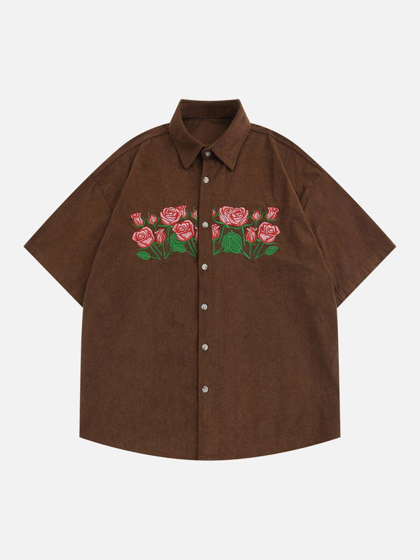 AlanBalen® - Rose Embroidered Corduroy Short Sleeve Shirts AlanBalen