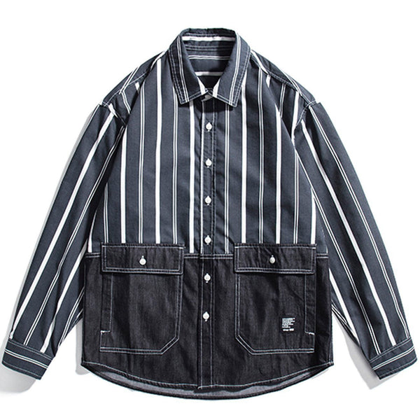 AlanBalen® - Stripe Splicing Denim Long-sleeved Shirt AlanBalen